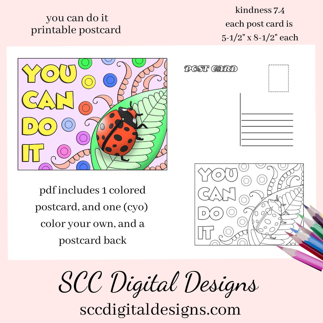 You Can Do It Printable Postcard, Full Color, Color Your Own, Inspirat –  SCC Digital Designs