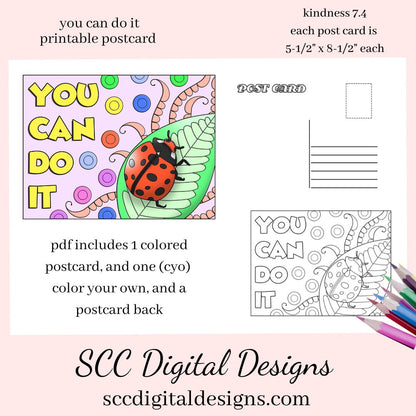 You Can Do It Printable Postcard, Full Color, Color Your Own, Inspirational Quote, Kindness Card, Positivity Cards, Motivational Post Card, Affirmation, Use in Your Junk Journaling, Instant Download  Our Printable Kindness Postcards are great to encourage kindness, give a positive message, affirmation, and motivational quotes.