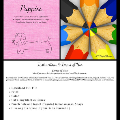 Puppies CYO Printable Ephemera, 6 Page PDF Set Includes - Tags, Envelopes, Journal Page, Bookmarks, Instant Download, Junk Journal Ephemera, Instruction Sheet, Personal & Small Business Use, Great for Junk Journaling, Dog Lover Gifts, Create Hostess Tags