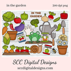 In The Garden Elements Clipart, Seed Packets, Watering Can, Shovel, Flower Pots, Veggies, Frogs, Snail, Instant Download, Commercial Use, Clip Art PNG, Craft Supplies, Scrapbook Elements,  Create Printables, Use in your Scrapbooking, Create T-Shirts, Hoodies, Mugs, Tumblers & More!     Our clipart files come to you as 300 dpi PNG images.