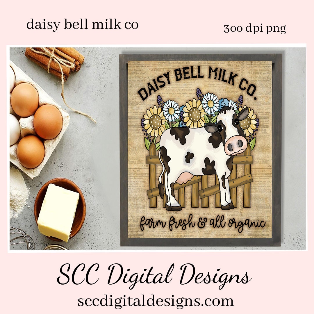 Daisy Bell Milk Co Clipart, Farm Fresh & All Organic, Black and White Cow, Sunflowers, Instant Download, Commercial Use, Clip Art PNG, Digi Scrap, Craft Supplies, Scrapbook Elements  Create Printables, Use in your Scrapbooking, Create T-Shirts, Hoodies, Mugs, Tumblers & More!     Our clipart files come to you as 300 dpi PNG images.