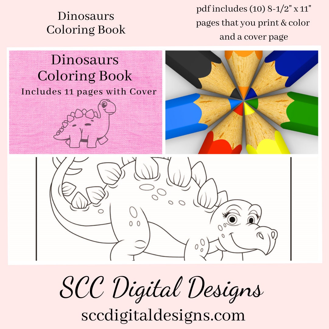 Dinosaurs Printable Coloring Book, 10 Pages Plus Cover Page, Prehistoric Animals, Home School & Teacher Resources, Fun and Educational, Print at Home Page Kid Color Pages, Instant Download, Personal Use, Exclusive Design