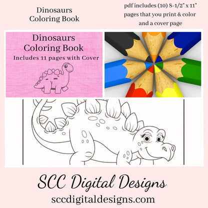 Dinosaurs Printable Coloring Book, 10 Pages Plus Cover Page, Prehistoric Animals, Home School & Teacher Resources, Fun and Educational, Print at Home Page Kid Color Pages, Instant Download, Personal Use, Exclusive Design