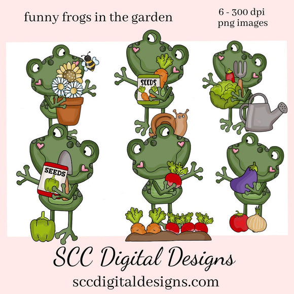 Funny Frogs in the Garden, Dancing Frog, Veggies, Flower, Gardening Tools, Seeds, Instant Download, Commercial Use, Clip Art PNG, Digi Scrap, Craft Supplies, Scrapbook Elements