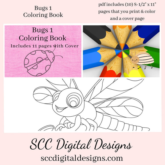 Bugs 1 Printable Coloring Book, 10 Pages Plus Cover Page, Dragonfly, Grasshopper, Home School & Teacher Resources, Fun and Educational, Print at Home Page Kid Color Pages, Instant Download, Personal Use, Exclusive Design