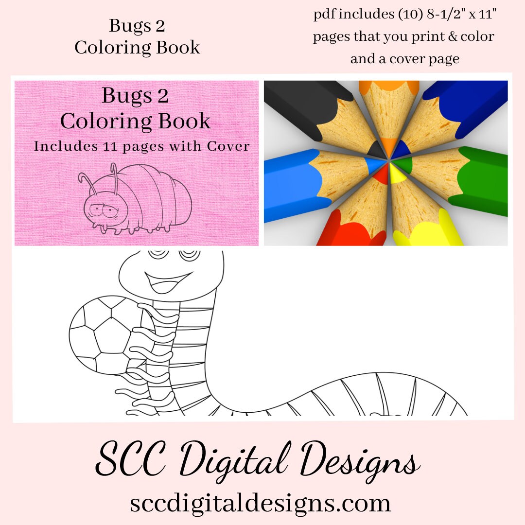 Bugs 2 Printable Coloring Book, 10 Pages Plus Cover Page, Lady Bug, Beatle, Mosquito, Worm, Grasshopper, Home School & Teacher Resources, Fun and Educational, Print at Home Page Kid Color Pages, Instant Download, Personal Use, Exclusive Design