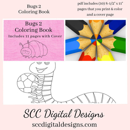 Bugs 2 Printable Coloring Book, 10 Pages Plus Cover Page, Lady Bug, Beatle, Mosquito, Worm, Grasshopper, Home School & Teacher Resources, Fun and Educational, Print at Home Page Kid Color Pages, Instant Download, Personal Use, Exclusive Design