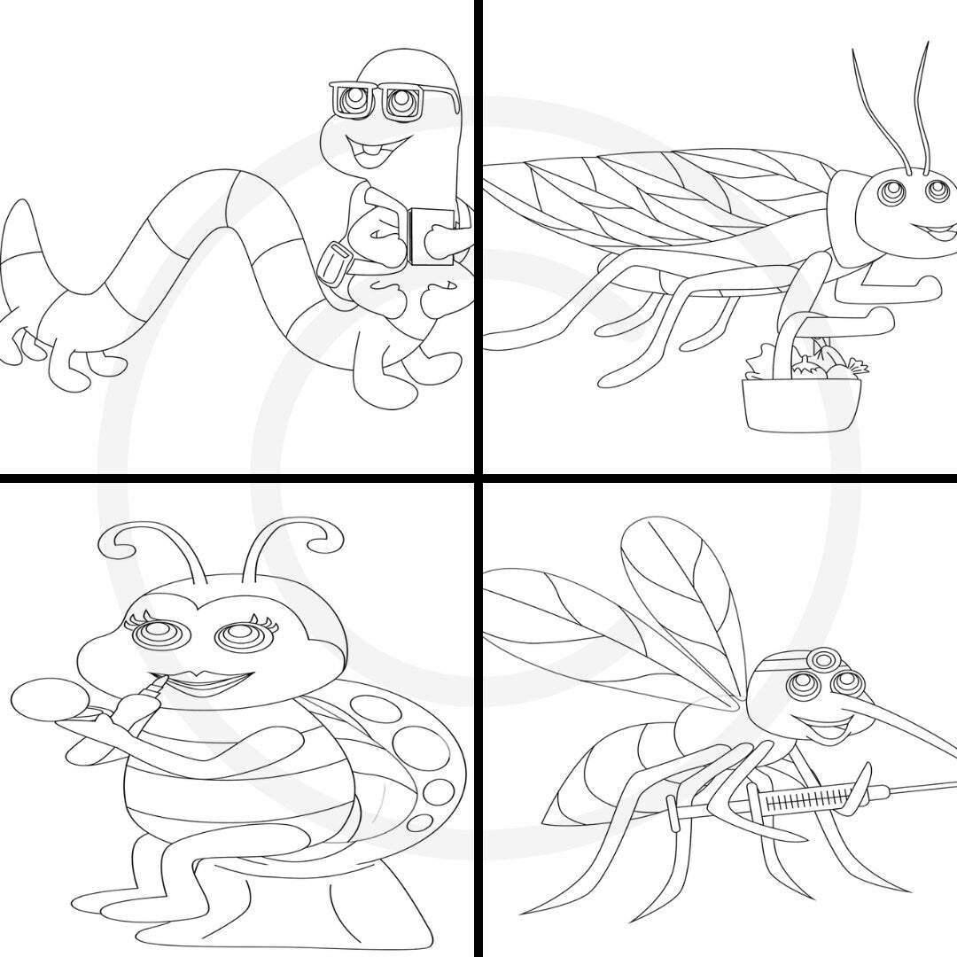 Bugs 2 Printable Coloring Book, 10 Pages Plus Cover Page, Lady Bug, Beatle, Mosquito, Worm, Grasshopper, Home School & Teacher Resources, Fun and Educational, Print at Home Page Kid Color Pages, Instant Download, Personal Use, Exclusive Design