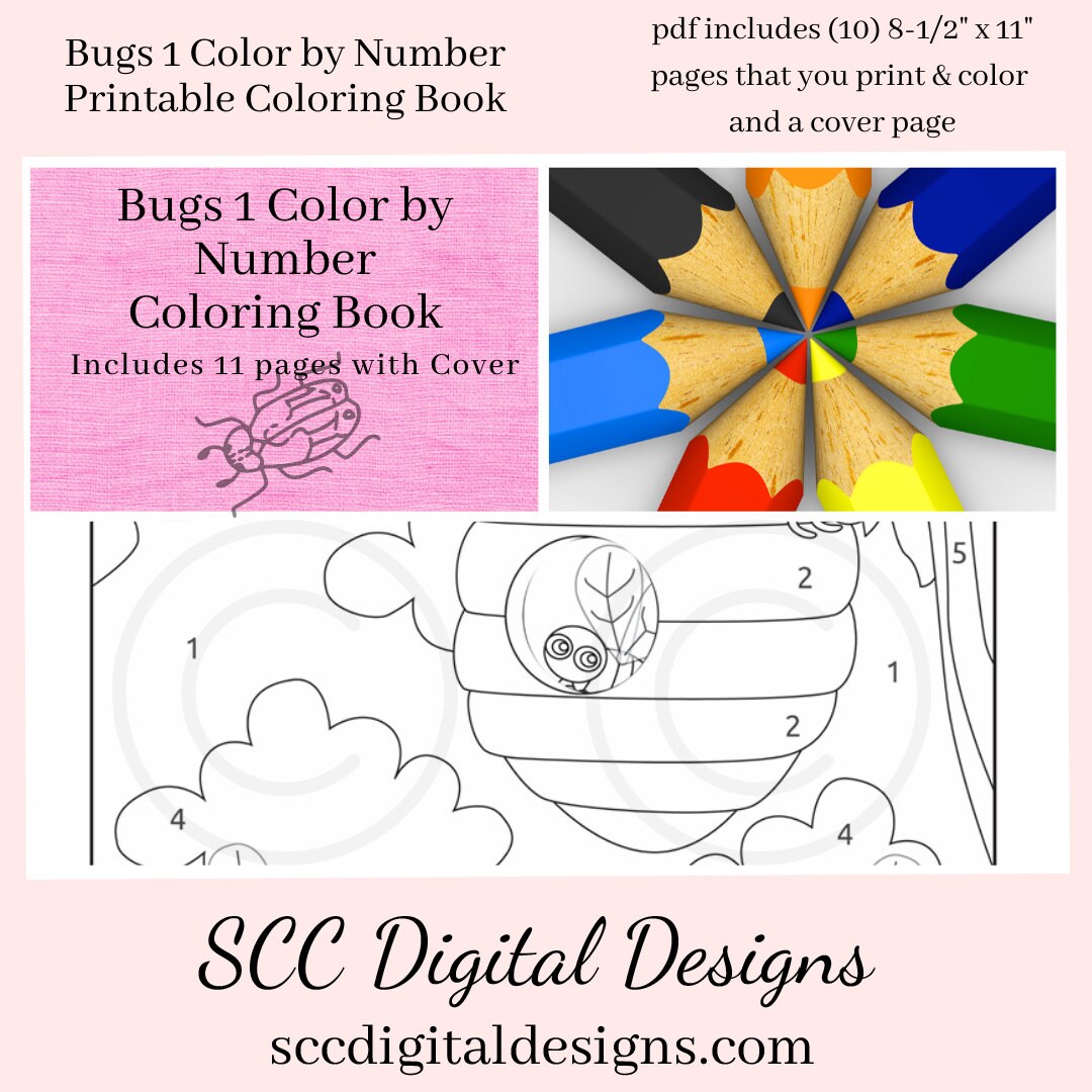 Color by Number Bugs (1) Printable Coloring Book, 11 Pages, Lady Bug, Beatle, Mosquito, Home School & Teacher Resources, Fun and Educational, Print at Home Page Kid Color Pages, Instant Download, Personal Use, Exclusive Design