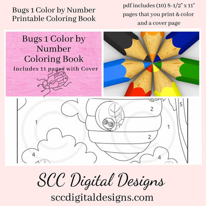 Color by Number Bugs (1) Printable Coloring Book, 11 Pages, Lady Bug, Beatle, Mosquito, Home School & Teacher Resources, Fun and Educational, Print at Home Page Kid Color Pages, Instant Download, Personal Use, Exclusive Design