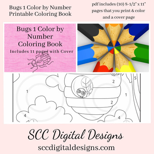 Color by Number Bugs (1) Printable Coloring Book, 11 Pages, Lady Bug, Beatle, Mosquito, Home School & Teacher Resources, Fun and Educational, Print at Home Page Kid Color Pages, Instant Download, Personal Use, Exclusive Design