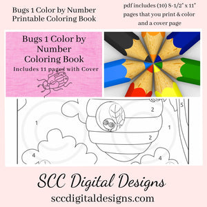Color by Number Bugs (1) Printable Coloring Book, 11 Pages, Lady Bug, Beatle, Mosquito, Home School & Teacher Resources, Fun and Educational, Print at Home Page Kid Color Pages, Instant Download, Personal Use, Exclusive Design