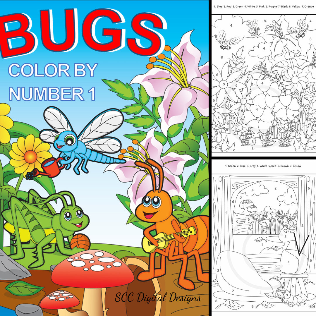 Color by Number Bugs (1) Printable Coloring Book, 11 Pages, Lady Bug, Beatle, Mosquito, Home School & Teacher Resources, Fun and Educational, Print at Home Page Kid Color Pages, Instant Download, Personal Use, Exclusive Design