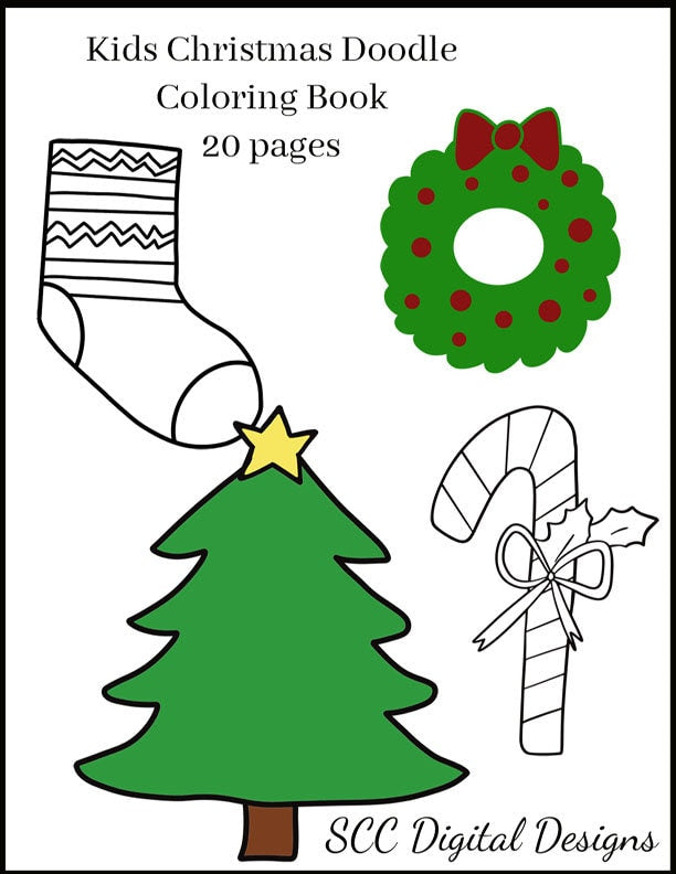 Christmas Doodle Kids Printable Coloring Book, Reindeer, Stocking, Xmas Tree, Ornament, & More, Home School & Teacher Resources, Fun and Educational, Print at Home 20 Page Kid Color Pages, Instant Download, Personal Use, Exclusive Design