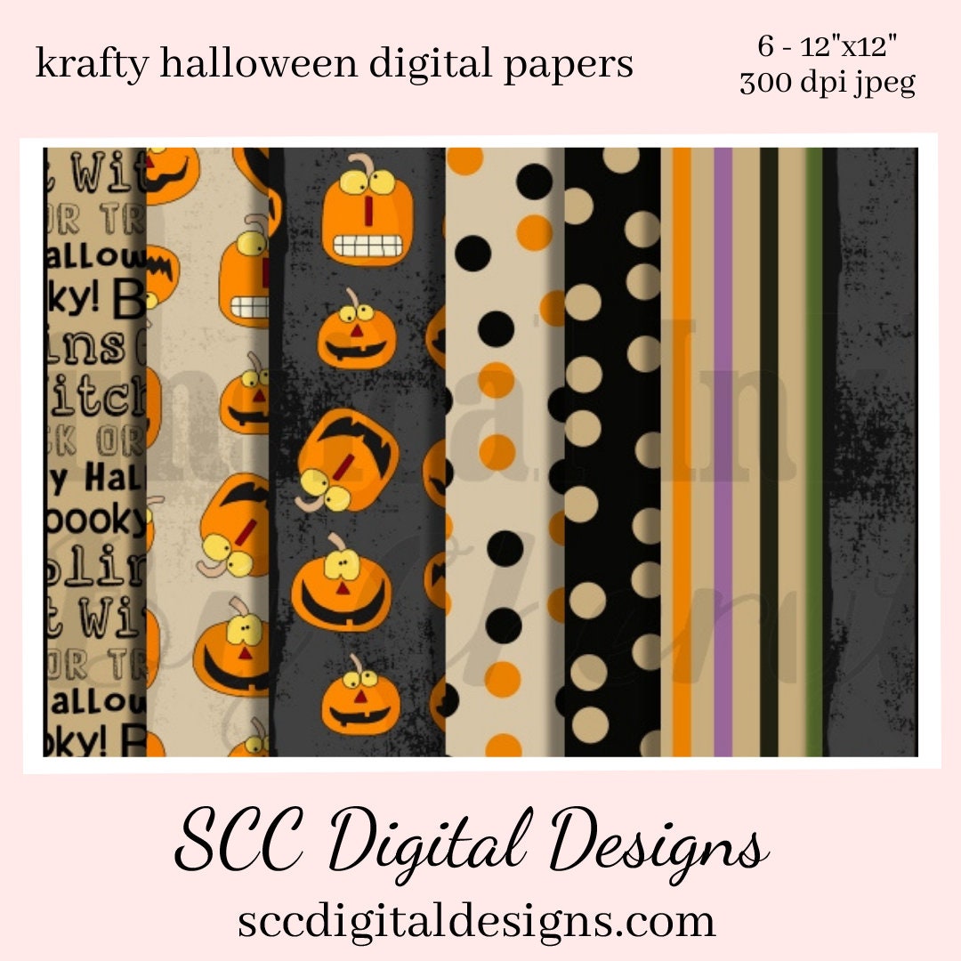 Krafty Halloween Digital Papers, Spooky Pumpkin's, Polka Dots, 8-12"x12" 300 DPI JPEG, Scrapbook Elements, Crafting Supplies, Commercial Use