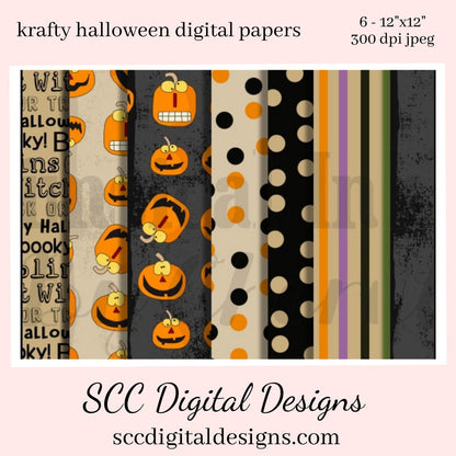 Krafty Halloween Digital Papers, Spooky Pumpkin's, Polka Dots, 8-12"x12" 300 DPI JPEG, Scrapbook Elements, Crafting Supplies, Commercial Use