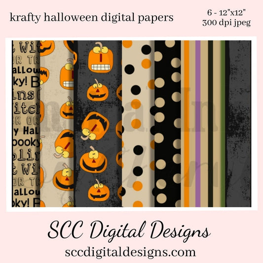 Krafty Halloween Digital Papers, Spooky Pumpkin's, Polka Dots, 8-12"x12" 300 DPI JPEG, Scrapbook Elements, Crafting Supplies, Commercial Use