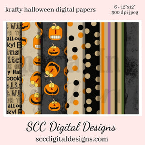 Krafty Halloween Digital Papers, Spooky Pumpkin's, Polka Dots, 8-12"x12" 300 DPI JPEG, Scrapbook Elements, Crafting Supplies, Commercial Use