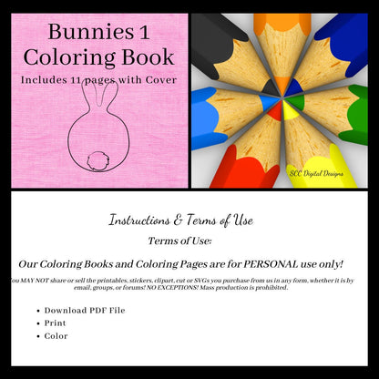 Bunnies 1 Kids Printable Coloring Book, 11 Pages, Bunny Color Your Own, Home School & Teacher Resources, Fun and Educational, Print at Home Page Kid Color Pages, Personal Use Only