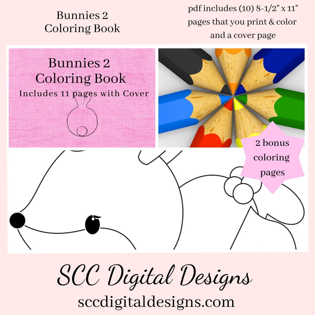Bunnies 2 Kids Printable Coloring Book, 11 Pages, Bunny Color Your Own, Home School & Teacher Resources, Fun and Educational, Print at Home Page Kid Color Pages, Exclusive Coloring Book Design, Instant Download 