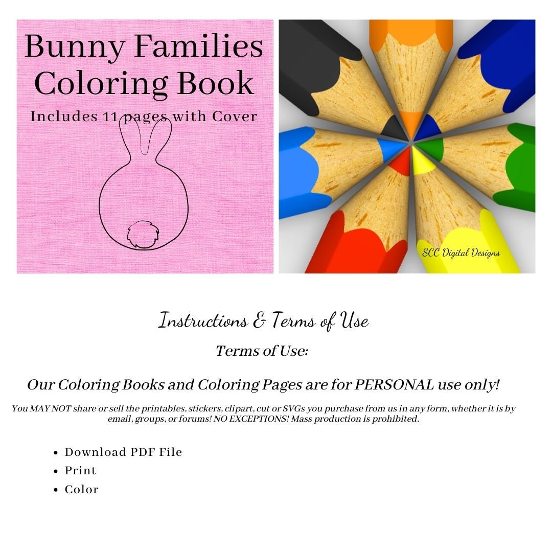 Bunny Families Kid's Printable Coloring Book, Mom, Daddy and Baby Bunnies, Home School & Teacher Resources, Fun and Educational, Print at Home Page Kid Color Pages, Exclusive Coloring Book, Instant Download, Personal Use