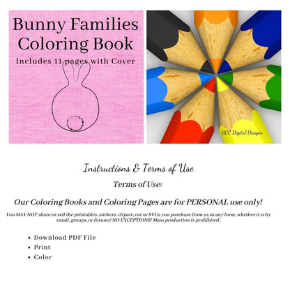 Bunny Families Kid's Printable Coloring Book, Mom, Daddy and Baby Bunnies, Home School & Teacher Resources, Fun and Educational, Print at Home Page Kid Color Pages, Exclusive Coloring Book, Instant Download, Personal Use
