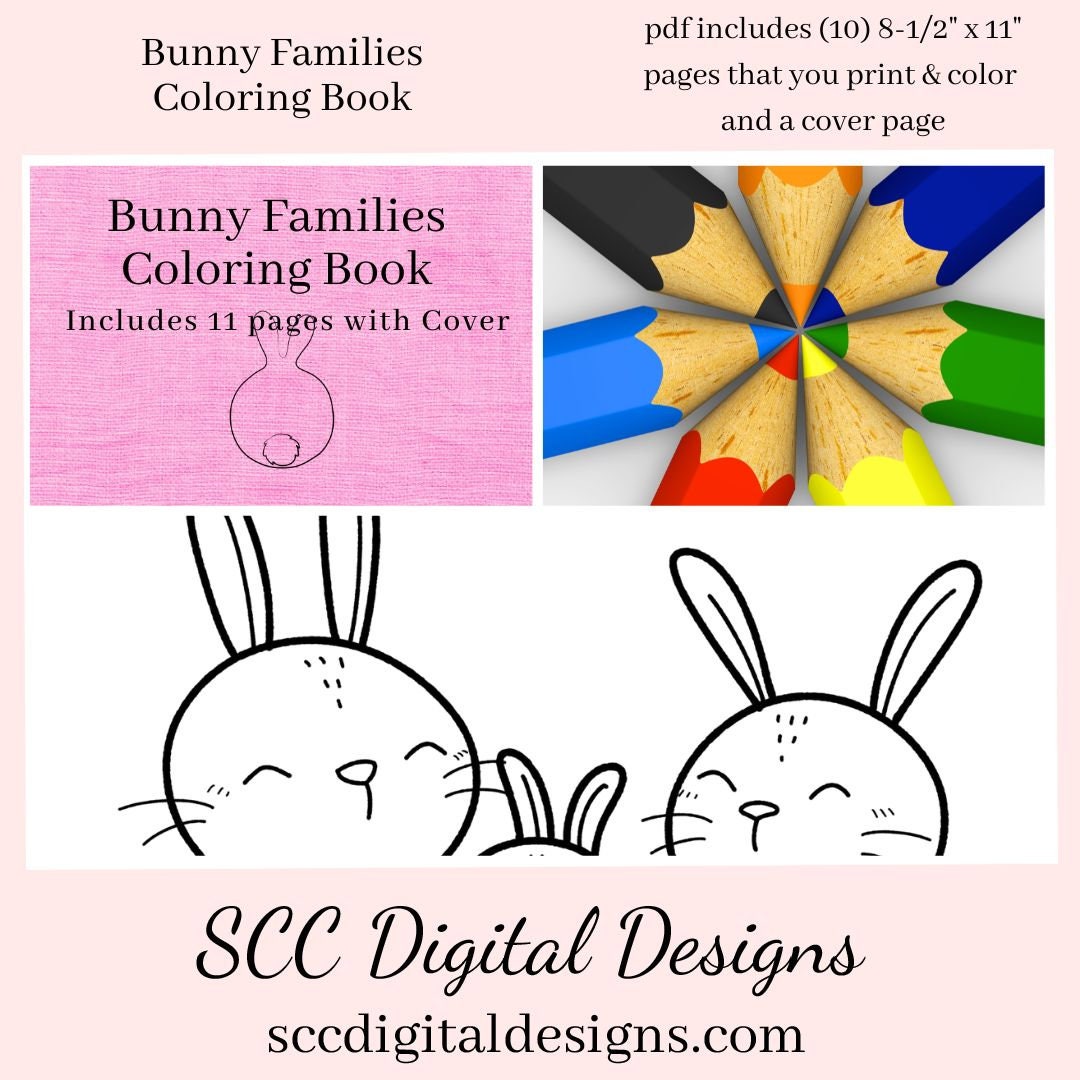 Bunny Families Kid's Printable Coloring Book, Mom, Daddy and Baby Bunnies, Home School & Teacher Resources, Fun and Educational, Print at Home Page Kid Color Pages, Exclusive Coloring Book, Instant Download, Personal Use