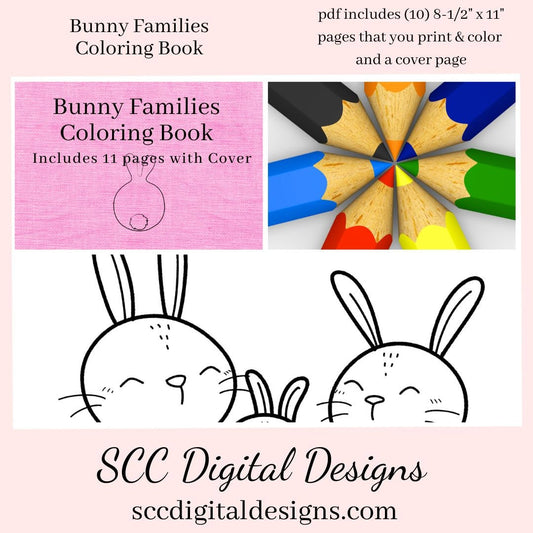 Bunny Families Kid's Printable Coloring Book, Mom, Daddy and Baby Bunnies, Home School & Teacher Resources, Fun and Educational, Print at Home Page Kid Color Pages, Exclusive Coloring Book, Instant Download, Personal Use