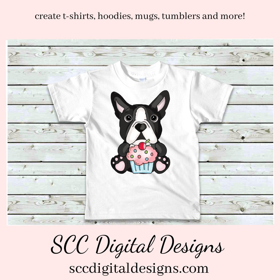 Boston Terrier Loves Cupcakes, Cherry Topped Cupcake, Frosting, Kitchen Utensils, Instant Download, Commercial Use, Clip Art PNG, Digi Scrap, Craft Supplies, Scrapbook Elements