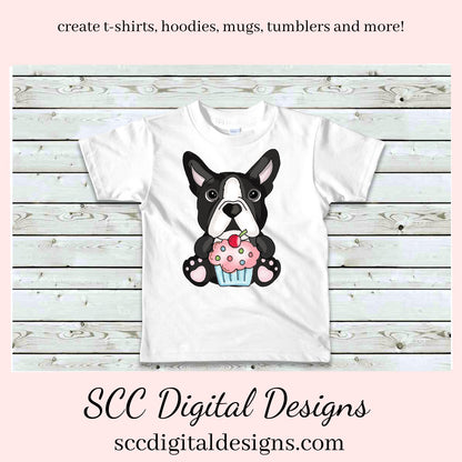 Boston Terrier Loves Cupcakes, Cherry Topped Cupcake, Frosting, Kitchen Utensils, Instant Download, Commercial Use, Clip Art PNG, Digi Scrap, Craft Supplies, Scrapbook Elements