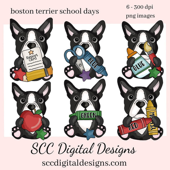 Boston Terrier School Days Clipart, Crayons, Glue, Report Card, Apple, Pencil, Instant Download, Commercial Use, Clip Art PNG, Digi Scrap, Craft Supplies, Scrapbook Elements