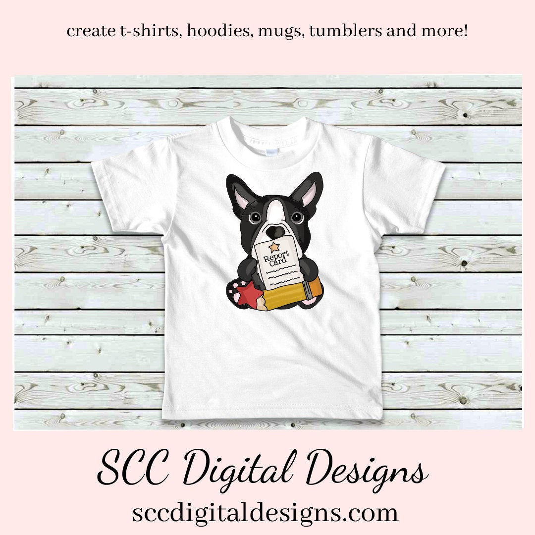 Boston Terrier School Days Clipart, Crayons, Glue, Report Card, Apple, Pencil, Instant Download, Commercial Use, Clip Art PNG, Digi Scrap, Craft Supplies, Scrapbook Elements