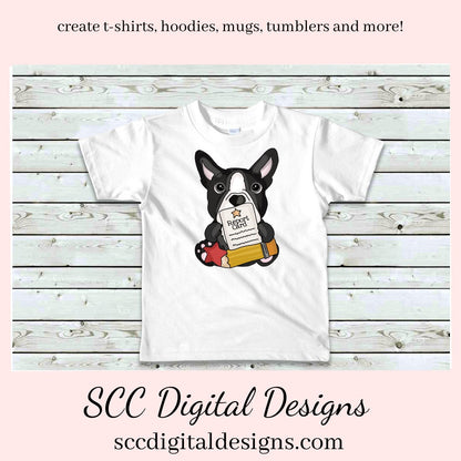 Boston Terrier School Days Clipart, Crayons, Glue, Report Card, Apple, Pencil, Instant Download, Commercial Use, Clip Art PNG, Digi Scrap, Craft Supplies, Scrapbook Elements