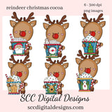 Reindeer Christmas Cocoa Clipart, Hot Chocolate Cups, Marshmallows, Santa, Create Kids T-Shirts Instant Download, Commercial Use, Clip Art PNG Set, Craft Supplies, Scrapbook Elements, Teacher Resources, Exclusive Clipart Set  Our clipart files come to you as 300 dpi PNG images.