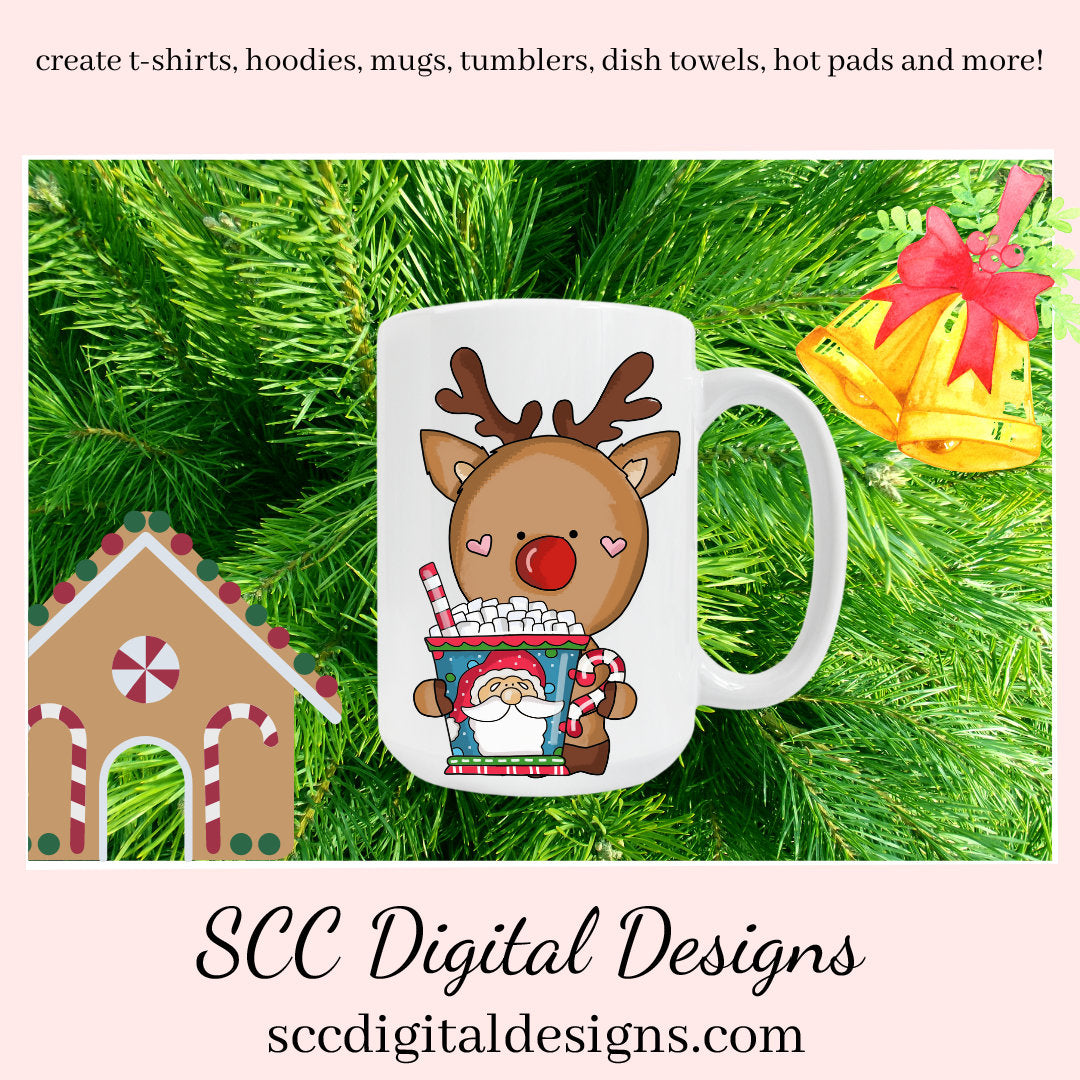 Reindeer Christmas Cocoa Clipart, Hot Chocolate Cups, Marshmallows, Santa, Create Kids T-Shirts Instant Download, Commercial Use, Clip Art PNG Set, Craft Supplies, Scrapbook Elements, Teacher Resources, Exclusive Clipart Set  Our clipart files come to you as 300 dpi PNG images.