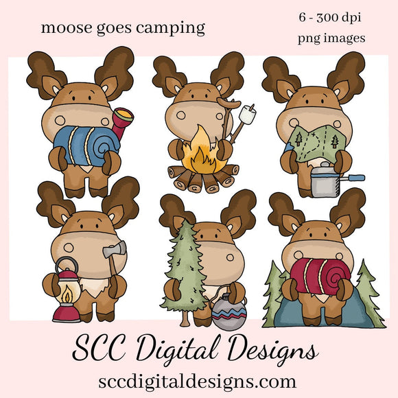 Moose Goes Camping Clipart, Fire Pit, Smores, Tent, Sleeping Bag, Flashlight, Pine Trees, Instant Download, Commercial Use, Clip Art PNG Set, Craft Supplies, Scrapbook Elements, Teacher Resources, Exclusive Clipart Set  Our clipart files come to you as 300 dpi PNG images.   