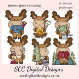 Moose Goes Camping Clipart, Fire Pit, Smores, Tent, Sleeping Bag, Flashlight, Pine Trees, Instant Download, Commercial Use, Clip Art PNG Set, Craft Supplies, Scrapbook Elements, Teacher Resources, Exclusive Clipart Set  Our clipart files come to you as 300 dpi PNG images.   