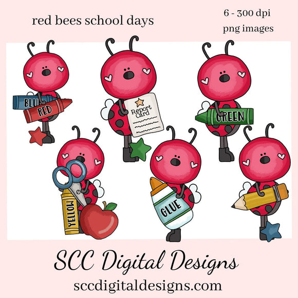 Red Bees School Days Clipart, Crayons, Glue, Report Card, Scissors, Teacher Resources, Instant Download, Commercial Use, Clip Art PNG Set, Craft Supplies, Scrapbook Elements, Exclusive Clipart Set  Our clipart files come to you as 300 dpi PNG images.