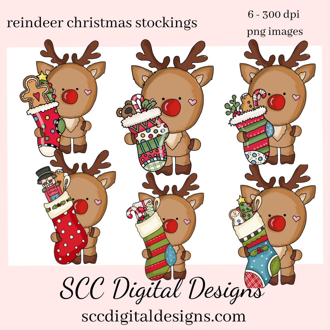 Reindeer Christmas Stockings Clipart, Xmas Gifts, Nut Cracker, Holiday Cookies, Teacher Resources, Instant Download, Commercial Use, Clip Art PNG Set, Craft Supplies, Scrapbook Elements, Exclusive Clipart Set  Our clipart files come to you as 300 dpi PNG images.   