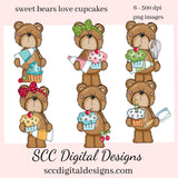 Sweet Bears Love Cupcakes Clipart, DIY Party Printables, T-Shirt & Hoodie Design, Teacher Resources, Instant Download, Commercial Use, Exclusive Clip Art Set, Craft Supplies, Scrapbook Elements, Personal Use  Our clipart files come to you as 300 dpi PNG images.