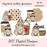 Big Feet Coffee Gnomes Sublimation Clipart, Latte, Mocha, Customize Background, Instant Download, Commercial Use, Clip Art PNG, Digi Scrap, Craft Supplies, Scrapbook Elements, DIY Java House Wall Art