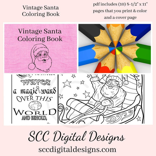 Vintage Santa's 1 Printable Coloring Book, Christmas Trees, Xmas Scenes, Reindeer, Presents, Holiday Party, Instant Download, Personal Use