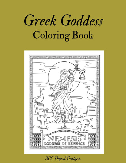 Greek Goddess Printable Coloring Book, 16 Page PDF, Tyche, Selene, Nemesis, Mythology Illustrated Scenes, Instant Download, Personal Use   Set is great for adults and children.