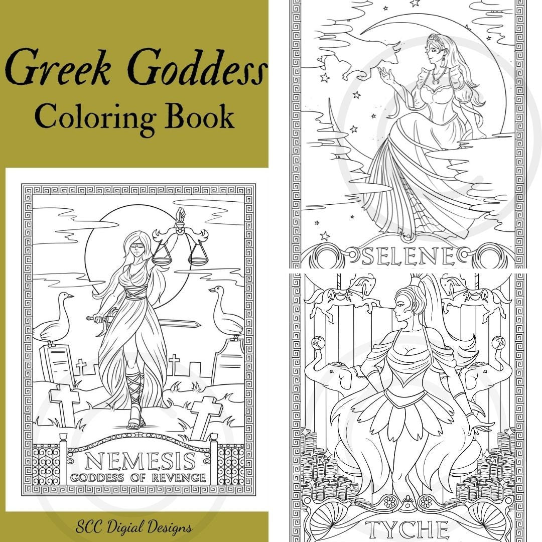 Greek Goddess Printable Coloring Book, 16 Page PDF, Tyche, Selene, Nemesis, Mythology Illustrated Scenes, Instant Download, Personal Use   Set is great for adults and children.