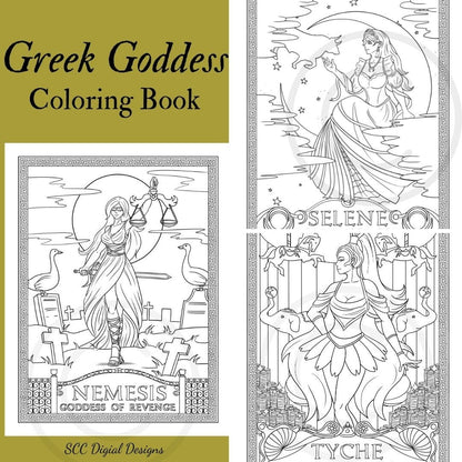 Greek Goddess Printable Coloring Book, 16 Page PDF, Tyche, Selene, Nemesis, Mythology Illustrated Scenes, Instant Download, Personal Use   Set is great for adults and children.