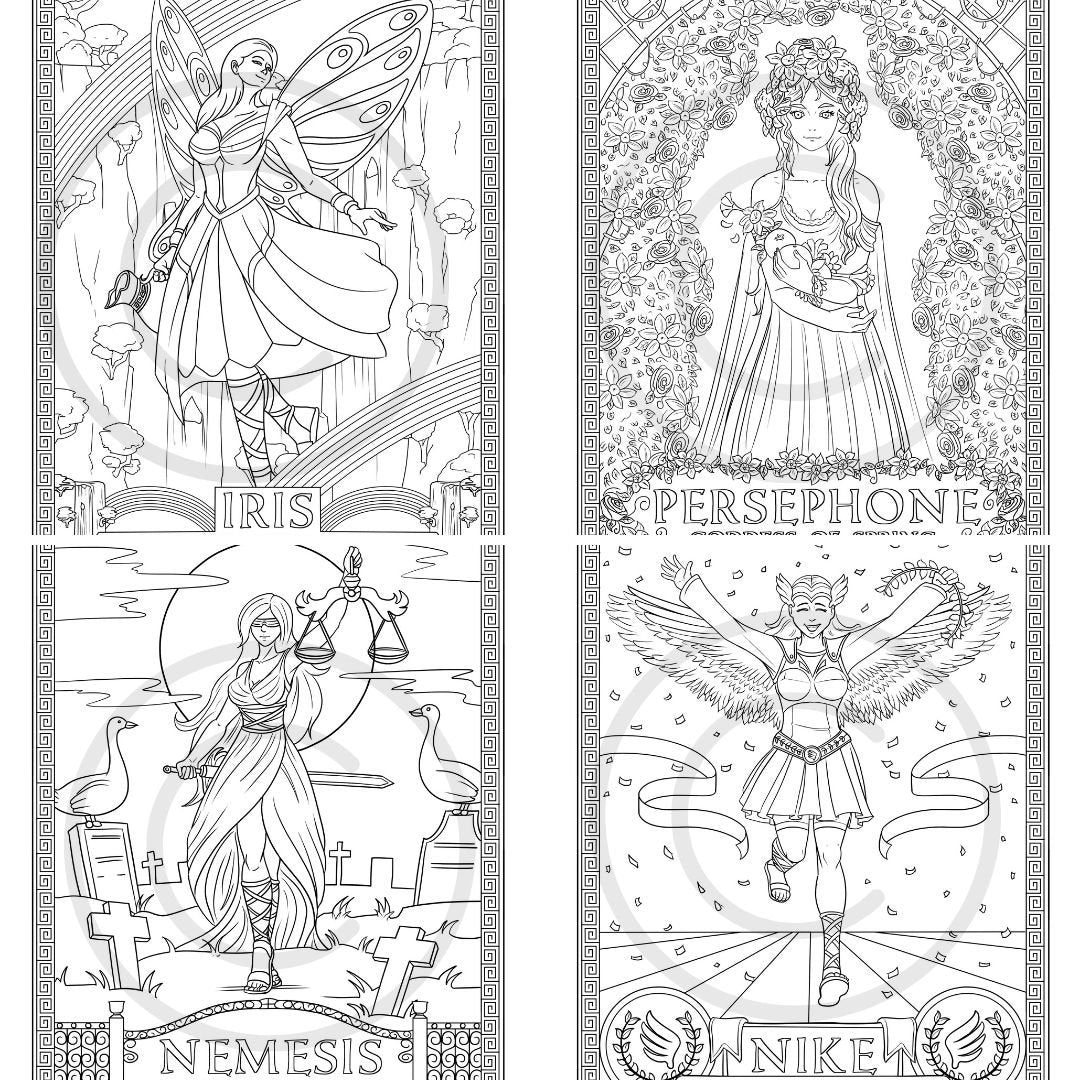 Greek Goddess Printable Coloring Book, 16 Page PDF, Tyche, Selene, Nemesis, Mythology Illustrated Scenes, Instant Download, Personal Use   Set is great for adults and children.