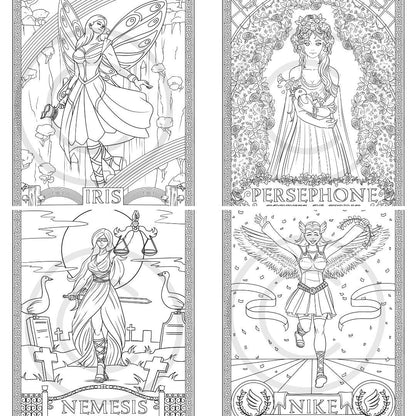 Greek Goddess Printable Coloring Book, 16 Page PDF, Tyche, Selene, Nemesis, Mythology Illustrated Scenes, Instant Download, Personal Use   Set is great for adults and children.