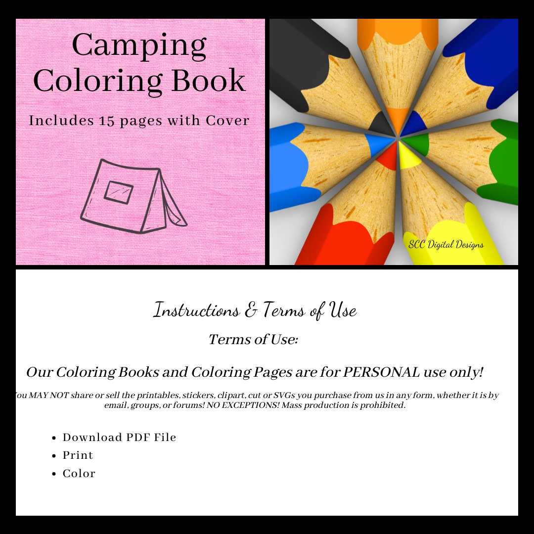 Camping 16 Page Printable Coloring Pages, Ten, Lantern, Wildlife, Camper, Bike, Cabin, Map, Flashlight & More! Home School & Teacher Resources, Fun Educational, Instant Download, Exclusive Coloring Book Design