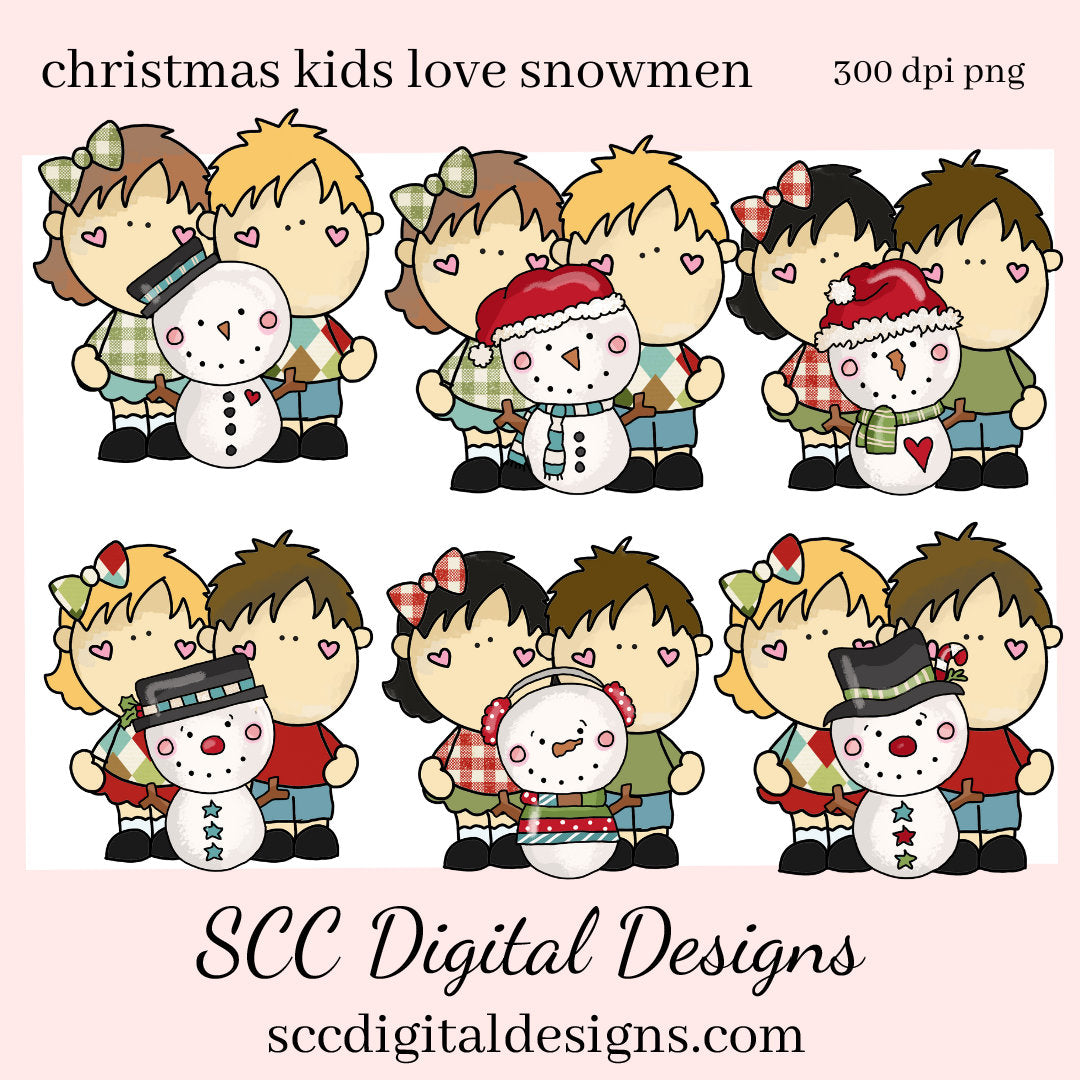 Christmas Kids Love Snowmen Clipart, Boys, Girls, Snowman, DIY Xmas Printables, T-Shirt & Hoodie Design, Teacher Resources, Instant Download, Commercial Use, Exclusive Clip Art Set, Craft Supplies, Scrapbook Elements, Personal Use