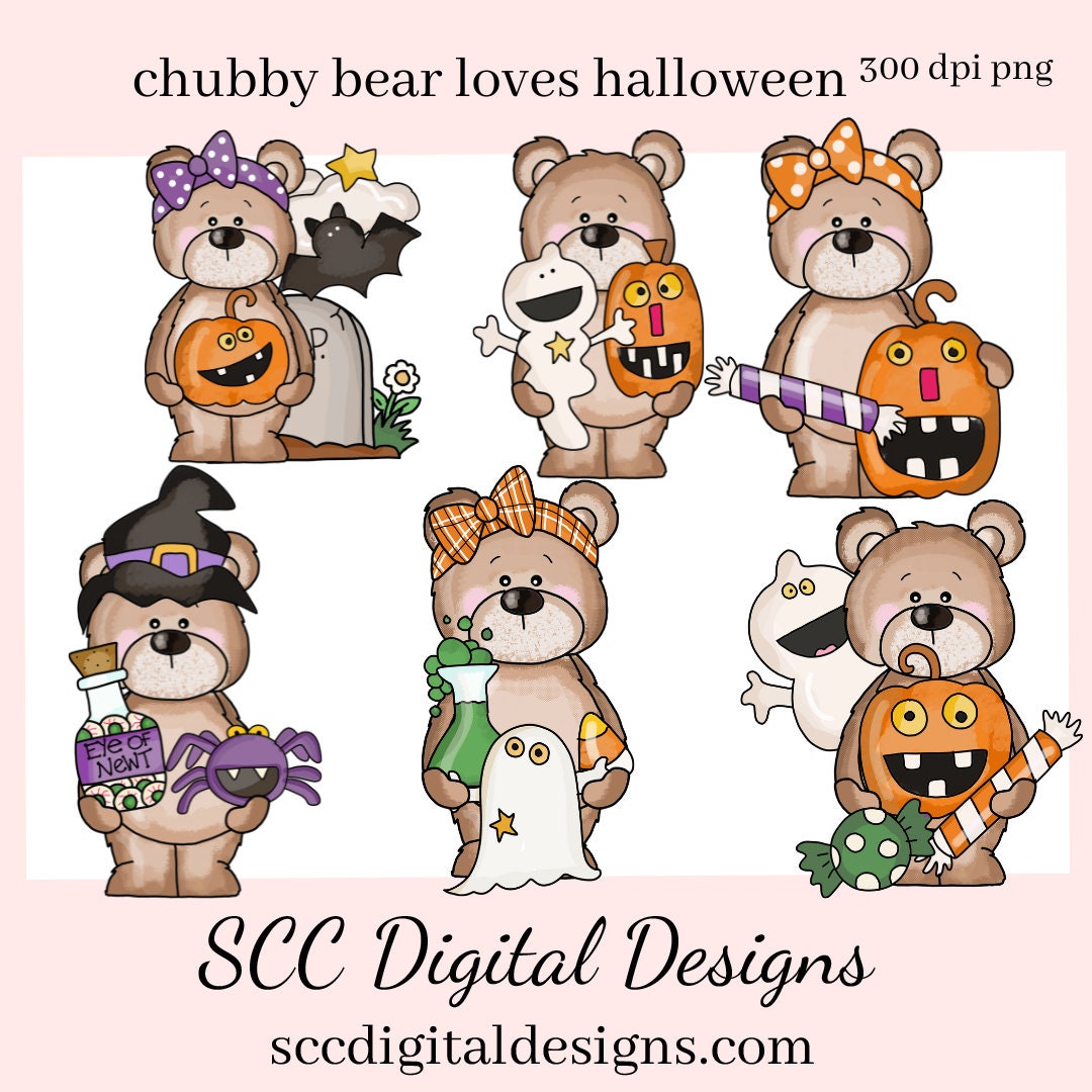 Chubby Bear Loves Halloween Clipart, Whimsical Bear, Ghost, Pumpkins, Candy, Spiders, DIY Home Decor, Instant Download, Commercial Use, Clip Art Set PNG, DIY Party Printables, T-Shirt & Hoodie Design, Craft Supplies, Scrapbook Elements, Personal Use